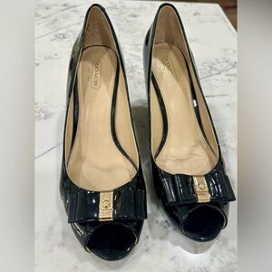 Coach Black Patent Leather Bow Peep-Toe Heels